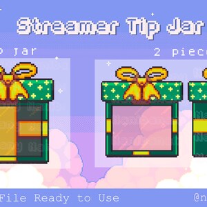 May include: Two pixel art images of a green and gold gift box with a bow. The text "Streamer Tip Jar" is at the top of the image. The text "Tip Jar" is below the first image. The text "2 pieces" is below the second image. The text "PNG File Ready to Use" is at the bottom of the image. The text "@nanibanany" is at the bottom right of the image.