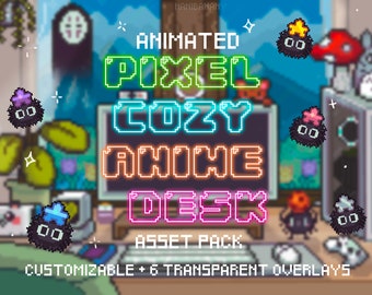 Cozy Animated Pixel Kawaii Neon Setup Gamer Desk Stream Overlay Package | Customizable Asset Starter Pack Bundle