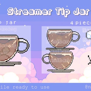 Op de afbeelding: Pixel art-illustratie van een streamer-tip-pot. De pot is een bruine koffiekop met een schoteltje en ijsblokjes. De afbeelding bevat vier onderdelen: de kop, het schoteltje, ijsblokjes en een lijn voor de tip-pot.