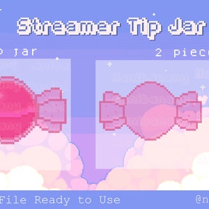 Puede incluir: Dos tarros de propinas en forma de caramelo de pixel art rosa y rojo con el texto "Streamer Tip Jar" y "Tip Jar" en blanco. El texto "2 piezas" también está en blanco. La imagen tiene un fondo rosa y azul con estrellas blancas.