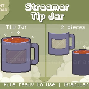 May include: A pixel art illustration of a streamer tip jar. The jar is a purple mug with a brown liquid inside. The mug has a clear window on the front. The image includes the text "Streamer Tip Jar" and "Tip Jar".