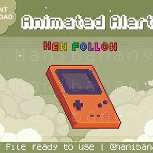 May include: Pixelated graphic featuring an orange handheld game console with a purple screen. Text includes "Animated Alert" and "NEW FOLLOW" in colorful pixelated fonts. The words "INSTANT DOWNLOAD" and "GIF File ready to use" are also present.