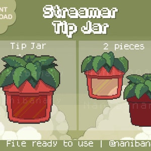 Puede incluir: Ilustración de arte pixelado de un diseño de bote de propinas para streamers. La imagen muestra tres macetas rojas con plantas verdes. El texto "Streamer Tip Jar" y "Tip Jar" se muestra en fuente pixelada blanca. La imagen también incluye el texto "2 pieces" y "PNG File ready to use".