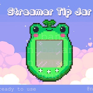 Może przedstawiać: Zielony, cyfrowy pojemnik na napiwki w kształcie żaby z pustym ekranem i tekstem "Streamer Tip Jar" nad nim. Żaba ma uroczy wyraz twarzy i jest otoczona różowymi chmurami.