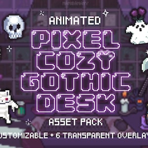 Gezellig geanimeerd Pixel Kawaii Gothic Setup Gamer Desk Stream Overlay-pakket | Aanpasbare Asset Starter Pack-bundel