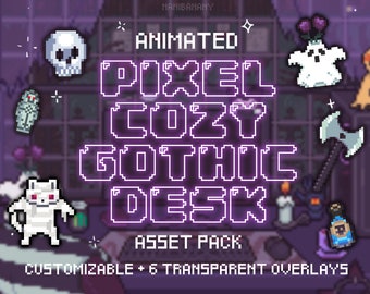 Cozy Animated Pixel Kawaii Gothic Setup Gamer Desk Stream Overlay Package | Customizable Asset Starter Pack Bundle