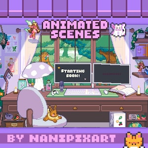 以下が含まれることがあります： 居心地の良いアニメーションシーンのピクセルアートイラスト。画像には、2つのモニター、キーボード、マウスを備えた机が描かれています。「ANIMATED SCENES」というテキストがモニターの上に表示され、1つの画面には「STARTING SOON！」と表示されています。妖精とウサギもいます。