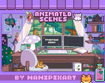 4 x Cenas Animadas Pixel PURPLE Fairy Cottagecore – Configuração Aconchegante de Mesa Gamer para Streamers | Telas de Início, Já Volto, Fim e Offline