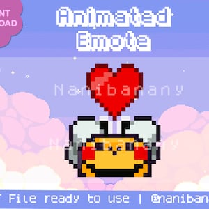 Könnte beinhalten: Animiertes Emoji einer gelben Cartoon-Biene mit einem roten Herzen darüber. Die Biene hat weiße Flügel und ein schwarzes Gesicht. Der Hintergrund ist helllila mit weißen Wolken. Der Text "Animated Emoji" und "Nanibanany" ist im Bild.