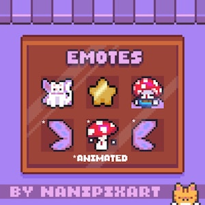 Könnte beinhalten: Pixel-Art-Grafik mit dem Wort „EMOTES“ über sechs animierten Symbolen. Die Symbole umfassen ein weißes Wesen, einen goldenen Stern, einen Pilz, ein Paar Flügel, einen Pilz und ein weiteres Paar Flügel. Das Wort „ANIMATED“ steht darunter.