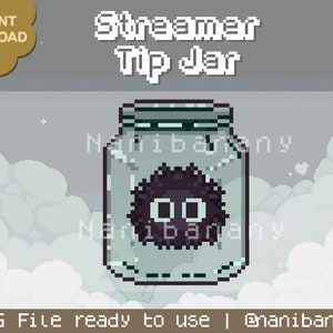 May include: Pixel art illustration of a glass jar with a black and green creature inside. The jar has a green lid and is labelled "Streamer Tip Jar".