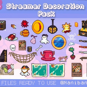 Op de afbeelding: Een digitaal illustratiepakket met pixel art-afbeeldingen met een verscheidenheid aan objecten, waaronder een piratenschip, een schatkist, een schedel, een net, een kaart en een gezocht-poster. De afbeeldingen zijn in cartoon-stijl en perfect voor gebruik in videogames, websites of andere digitale projecten.