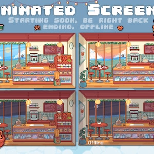 Könnte beinhalten: Animierte Bildschirme, die ein Pixel-Art-Café mit Blick auf das Meer und einen Sonnenuntergang zeigen. Das Café hat eine Theke mit Gebäck, eine Kaffeemaschine und ein Regal mit Teddybären. Der Text "Starting Soon, Be Right Back & Ending, Offline" wird oben im Bild angezeigt.