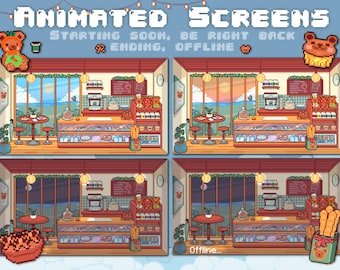 May include: Animated screens showing a pixel art cafe with a window view of the ocean and a sunset. The cafe has a counter with pastries, a coffee machine, and a shelf with teddy bears. The text "Starting Soon, Be Right Back & Ending, Offline" is displayed at the top of the image.