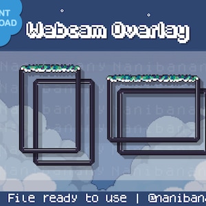 May include: A pixel art webcam overlay with a black frame and a green and blue border. The text "Webcam Overlay" is at the top of the image.