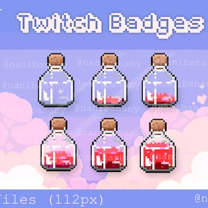 Puede incluir: Seis insignias de Twitch en pixel art que representan botellas de vidrio con un líquido rojo en su interior. Las botellas miden 112 píxeles de lado y están disponibles en archivos PNG. El texto "Twitch Badges" está en la parte superior de la imagen. El texto "@nanibanany" está en la parte inferior de la imagen.