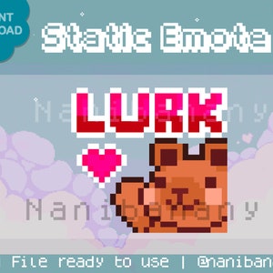 May include: A pixel art emote featuring a brown fox with a red heart and the word "Lurk" in red letters. The emote is set against a light blue background with white clouds.