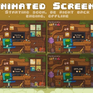 May include: Four animated screens showing a pixelated illustration of a green character sitting at a desk in a wooden cabin. The screens display the text "Starting Soon", "Be Right Back", "Ending Soon", and "Offline".
