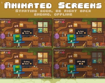 4 x Telas de cenas animadas em pixels - Aconchegante casa na árvore humana e cachorro amarelo - Gamer Streamer | Começando em breve | Já volto | Terminando | Offline
