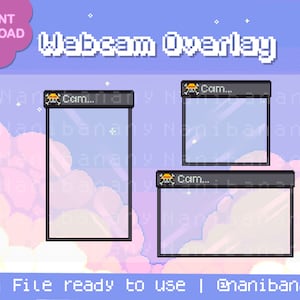 Può includere: Un overlay per webcam in pixel art con uno sfondo di cielo rosa e viola. L'overlay presenta due cornici rettangolari con il testo "Cam..." nell'angolo in alto a sinistra di ogni cornice. Le cornici sono trasparenti e hanno un bordo nero.