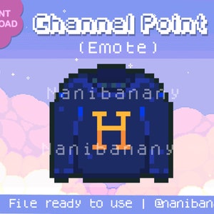 May include: Pixel art emote of a blue sweater with a yellow letter H on the front. The emote is called "Channel Point".