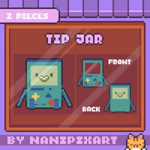 May include: A pixel art illustration of a tip jar, with a front and back view. The jar is green and blue with a yellow plus sign and a triangle on the front. The text "TIP JAR" is at the top of the image. The text "2 PIECES" is in a box at the top left of the image. The text "BY NANIPIXART" is at the bottom of the image.