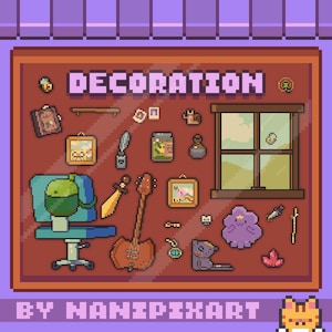 May include: A framed illustration of a room interior with the word "DECORATION" at the top. The illustration features a variety of objects, including a chair, a guitar, a window, a sword, a potted plant, and a variety of other decorative items.
