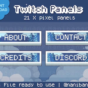 May include: Four blue and white Twitch panels with a wintery forest background. The panels are labeled "About", "Contact", "Credits", and "Discord".