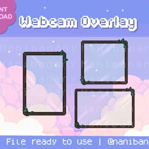 May include: A digital overlay for webcam use with a pastel pink and purple background with white clouds and stars. The overlay features two rectangular frames with a brown border and green vines. The text "Webcam Overlay" is at the top of the image.