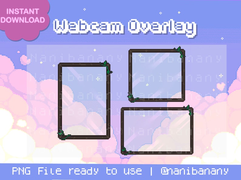 May include: A digital overlay for webcam use with a pastel pink and purple background with white clouds and stars. The overlay features two rectangular frames with a brown border and green vines. The text "Webcam Overlay" is at the top of the image.