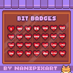 May include: A pixel art graphic featuring "BIT BADGES" with heart-shaped icons displaying numbers from 1 to 5M. The design is in shades of red, brown, and purple, with the text "BY NANIPEXART" at the bottom.