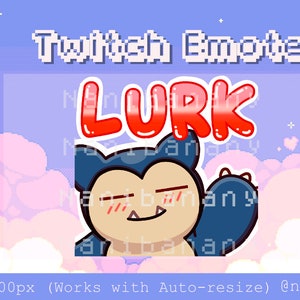 May include: A blue and brown cartoon character with a pink blush on its cheeks, waving with its right hand. The character is in front of a pink and white cloud background. The text "LURK" is in red letters above the character. The text "Twitch Emote" is in pixelated letters at the top of the image.
