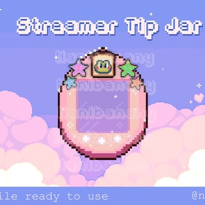 Puede incluir: Un tarro de propinas de streamer de pixel art rosa con una rana y estrellas sobre un fondo azul claro con nubes blancas. El texto "Streamer Tip Jar" está en la parte superior de la imagen.
