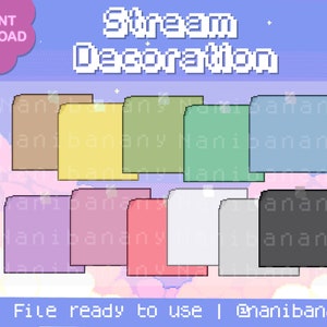 May include: A digital graphic with the text "Stream Decoration" in pixelated font. The image features a collection of colourful, pixelated, rectangular shapes in various colours, including tan, yellow, green, and blue. The text "PNG File ready to use" is also included.