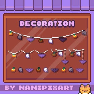 Op de afbeelding: Een pixel art display met het label DECORATION met diverse Halloween-thema slingers en individuele iconen. De set bevat witte spoken, oranje pompoenen en paarse vleermuizen op een bruine achtergrond.
