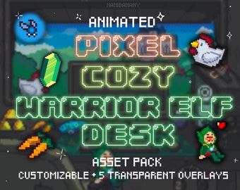 Puede incluir: Paquete de activos de arte de píxeles animados para un escritorio acogedor de elfo guerrero. El paquete incluye un cristal verde, una zanahoria, un hada azul, un pollo blanco y un elfo verde. El texto "ANIMATED PIXEL COZY WARRIOR ELF DESK ASSET PACK CUSTOMIZABLE + 5 TRANSPARENT OVERLAYS" se muestra en la imagen.