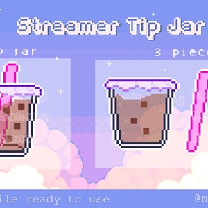 Puede incluir: Una ilustración digital de una jarra de propinas para streamer, que presenta un bubble tea marrón con una pajita rosa, un segundo bubble tea sin pajita y una pajita rosa. El texto "Streamer Tip Jar" está en la parte superior de la imagen, y el texto "Tip Jar" está debajo del primer bubble tea. El texto "3 pieces" está debajo del segundo bubble tea. El texto "PNG File ready to use" está en la parte inferior izquierda de la imagen, y el texto "@nanibanany" está en la parte inferior derecha de la imagen.