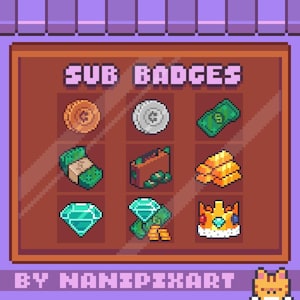 May include: Pixel art graphic featuring various "Sub Badges" including coins, cash, diamonds, gold bars, and a crown. The text "SUB BADGES" is displayed at the top, with "BY NANIPixART" at the bottom. The color palette is primarily brown, purple, and gold.