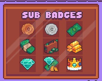 Conjunto de 9 emblemas Pixel Money and Wealth para streamers do Twitch prontos para uso | Penny, Quarter, Bill, Cash, Suitcase, Gold, Diamond, Vice City.