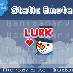May include: Animated GIF of a snowman wearing a black hat and a blue scarf. The snowman is looking to the right and has a red heart above its head. The text "Lurk" is in red letters above the snowman. The text "Nanibanany" is repeated in white letters on a blue background.
