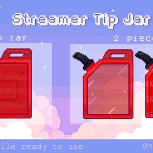 Pode incluir: Duas imagens de arte pixel de latas de gasolina vermelhas com um bico preto. O texto "Streamer Tip Jar" está no topo da imagem. O texto "Tip Jar" está abaixo da primeira lata de gasolina. O texto "2 pieces" está abaixo da segunda lata de gasolina. O texto "PNG File ready to use" está na parte inferior da imagem. O texto "@nanibanany" está na parte inferior direita da imagem.