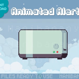 May include: Pixel art image of a light green toaster with a dark grey base, featuring the text "Animated Alert" and "Instant Download". The toaster has a red and green light. The background is a light blue sky with clouds.