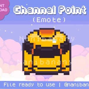 May include: Pixel art emote of a yellow backpack with a black strap and a white star on the front. The emote is called "Channel Point" and is designed for use on Twitch.