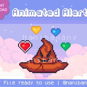 May include: Pixel art animated alert graphic with a brown sorting hat, four colored hearts, and the text "Animated Alert." The image has a soft, pastel color scheme with a cloud and star background. The text "GIF File ready to use" is also included.