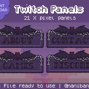 May include: Four purple Twitch panels with a bat and chain design. The panels say "About", "Contact", "Games", and "Discord".