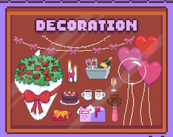 Mais de 30 decorações em pixel prontas para usar | Decoração de Dia dos Namorados | Imagens PNG
