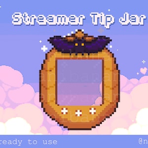 May include: A pixel art illustration of a streamer tip jar with a purple bat on top. The jar is gold and has a white frame with three plus signs. The background is a light blue sky with pink clouds.