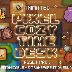 May include: Animated pixel art asset pack titled "Pixel Cozy Time Desk." The image features pixelated art of a crown, book, picture frame, guitar, and a purple character. The text includes "Customizable + 6 Transparent Overlays."