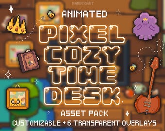 Puede incluir: Paquete de activos de arte pixelado animado titulado "Pixel Cozy Time Desk". La imagen presenta arte pixelado de una corona, un libro, un marco de fotos, una guitarra y un personaje morado. El texto incluye "Personalizable + 6 Superposiciones transparentes."