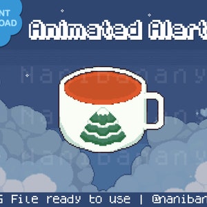 Puede incluir: Gráfico de alerta animada con una taza blanca con un diseño de árbol de Navidad verde, llena de líquido rojo. La taza está sobre un fondo azul con nubes blancas.